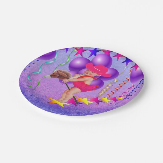 Western Party Baby Cowgirl Op Stok Paard Borden Papieren Bordje (Gekanteld)