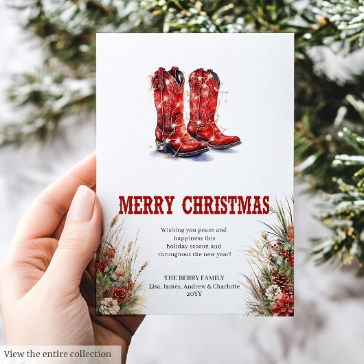 Western red cowboy boots Christmas greeting Feestdagenkaart