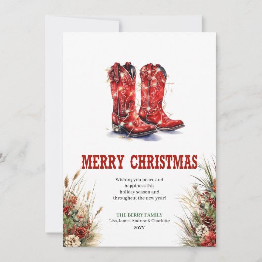 Western red cowboy boots Christmas greeting Feestdagenkaart (Voorkant)