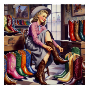 Western Retro Cowgirl Boot Shopping Perfect Poster