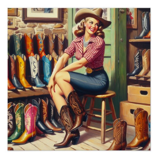  Western Retro Cowgirl Boot Shopping Perfect Poster (Voorkant)