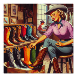  Western Retro Cowgirl Boot Shopping Perfect Poster