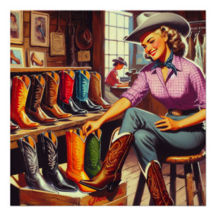 Western Retro Cowgirl Boot Shopping Perfect Poster