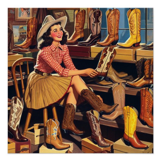  Western Retro Cowgirl Boot Shopping Perfect Poster (Voorkant)