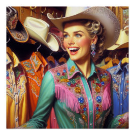 Western Retro Cowgirl Shirt Shopping Perfect Poster