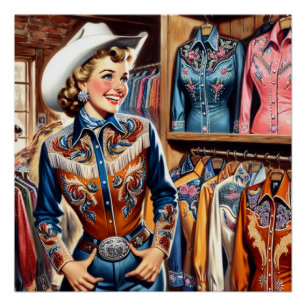 Western Retro Cowgirl Shirt Shopping Perfect Poster