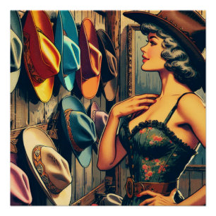 Western Retro Cowgirl Winkelen voor Petten Perfect Poster