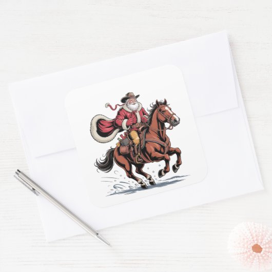 Western Riding Rodeo Horse Cowboy Santa Christmas Vierkante Sticker (Envelop)