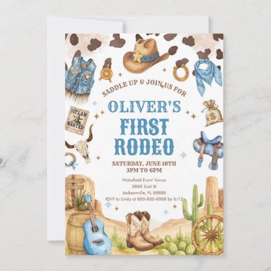 Western Rodeo Cowboy First Rodeo 1st Birthday Kaart (Voorkant)