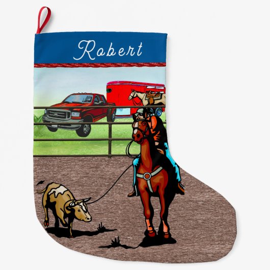 Western Rodeo Cowboy Team Roping Steer Grote Kerstsok (Voorkant)
