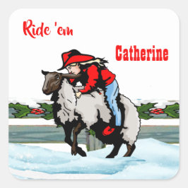 Western Rodeo Cowgirl Kind Mutton Buster Kerst Vierkante Sticker