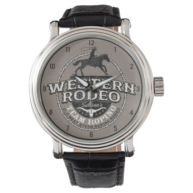 Western Rodeo Old West Steer Roping Personeel Horloge (Voorkant)