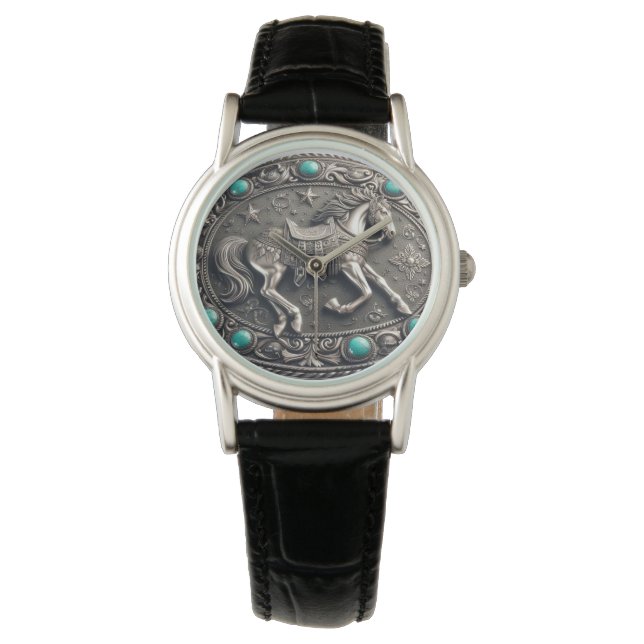 Western Rodeo Paard met Turquoise eWatch Horloge (Voorkant)