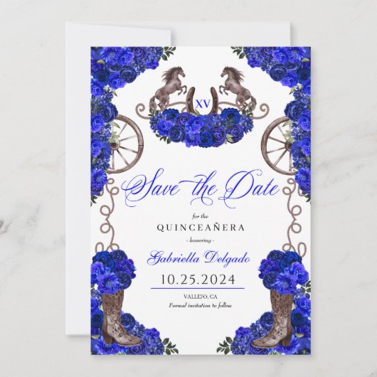 Western Royal Blue Bewaar de datum Quinceañera Kaart (Voorkant)