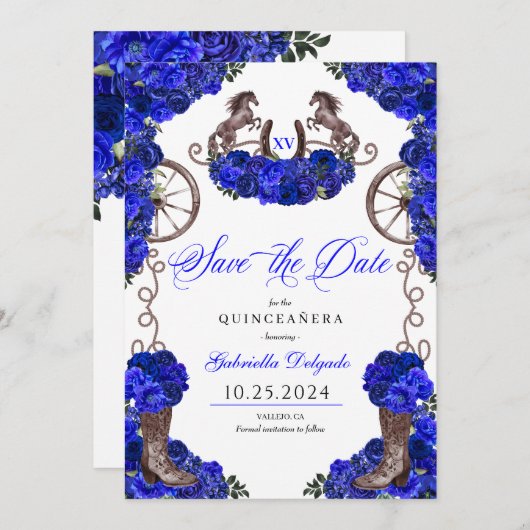 Western Royal Blue Bewaar de datum Quinceañera Kaart (Voorkant / Achterkant)