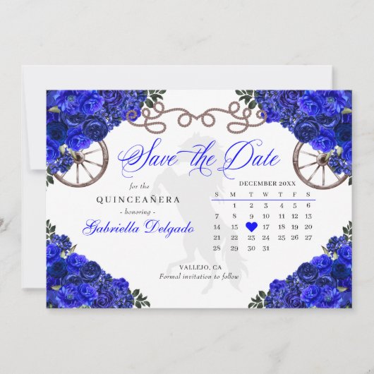 Western Royal Blue Quinceañera Save The Date Kaart (Voorkant)