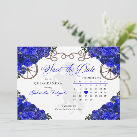 Western Royal Blue Quinceañera Save The Date Kaart (Staand voorkant)