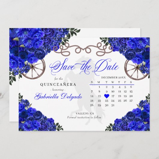 Western Royal Blue Quinceañera Save The Date Kaart (Voorkant / Achterkant)