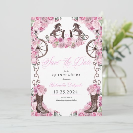 Western roze Charro Bewaar de datum Quinceañera Kaart (Staand voorkant)