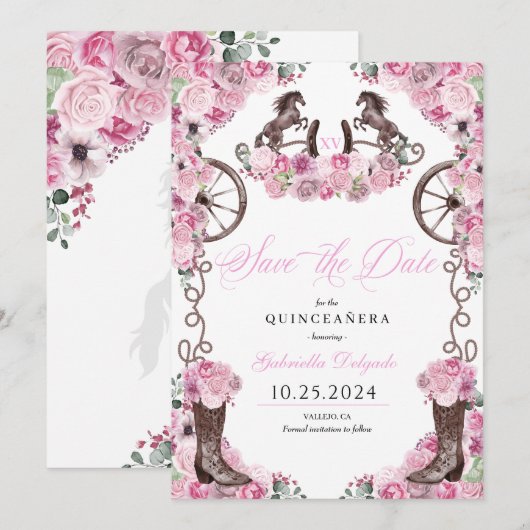 Western roze Charro Bewaar de datum Quinceañera Kaart (Voorkant / Achterkant)