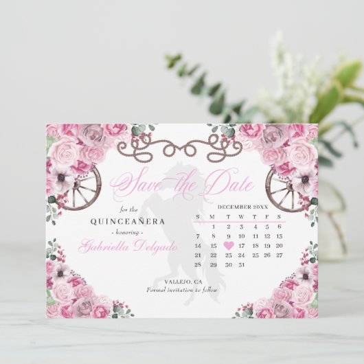 Western Roze Charro Quinceañera Save The Date Kaart (Staand voorkant)