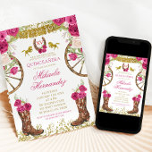 Western roze fuchsia bloemlaarzen quinceañera kaart