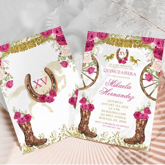 Western roze fuchsia bloemlaarzen quinceañera kaart