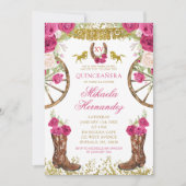 Western roze fuchsia bloemlaarzen quinceañera kaart (Voorkant)