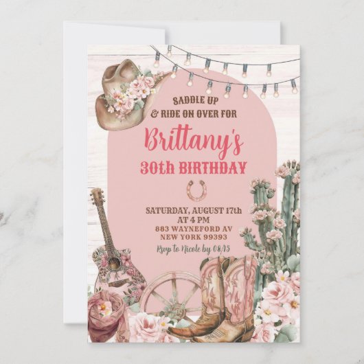 Western roze laarzen cowgirl verjaardagsfeestje kaart (Voorkant)