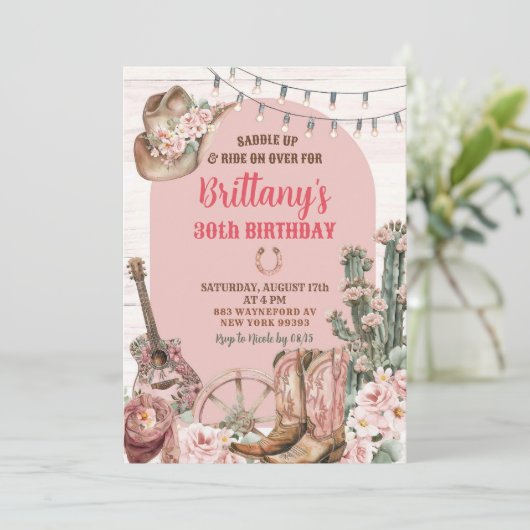 Western roze laarzen cowgirl verjaardagsfeestje kaart (Staand voorkant)