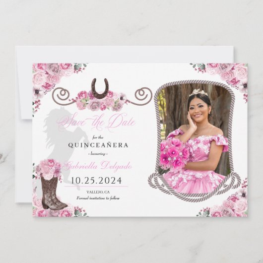 Western roze quinceañera bewaar de datum foto kaart (Voorkant)