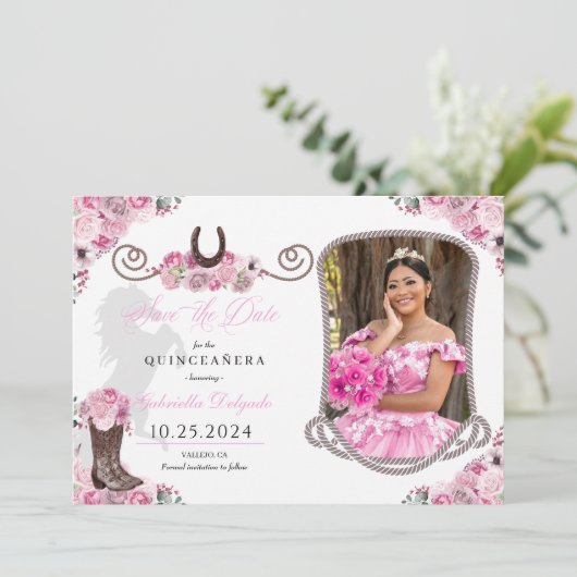 Western roze quinceañera bewaar de datum foto kaart (Staand voorkant)