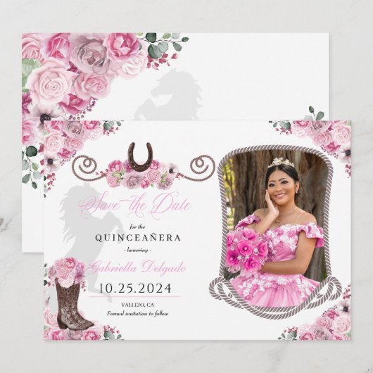 Western roze quinceañera bewaar de datum foto kaart (Voorkant / Achterkant)