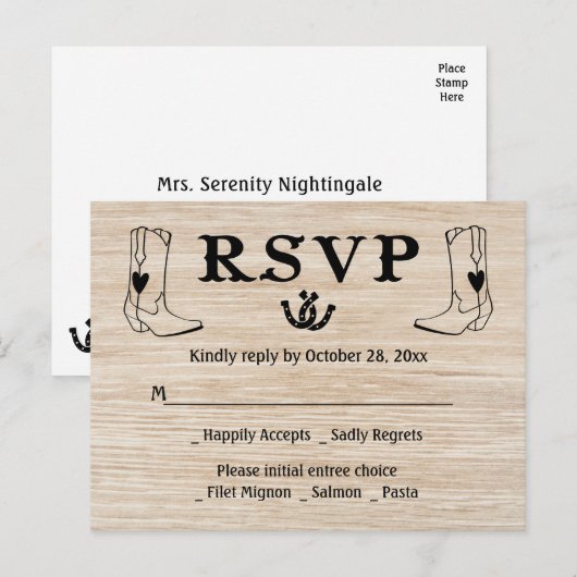 Western RSVP Country Wedding Cowboy Boots Hout Uitnodiging Briefkaart (Voorkant / Achterkant)