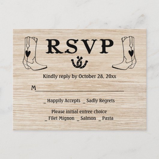Western RSVP Country Wedding Cowboy Boots Hout Uitnodiging Briefkaart (Voorkant)