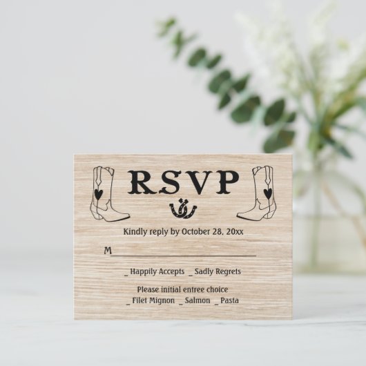 Western RSVP Country Wedding Cowboy Boots Hout Uitnodiging Briefkaart (Staand voorkant)