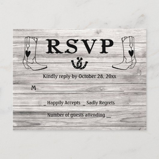 Western RSVP Country Wedding Cowboy Boots Hout Uitnodiging Briefkaart (Voorkant)