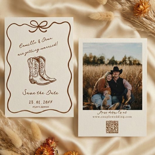 Western Rustic boho photo QR Code Save the Date I Kaart