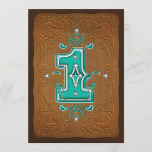 Western Rustic Brown & Turquoise 1 Eén 1e Feestje Kaart