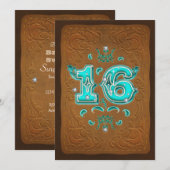 Western Rustic Bruin & Turquoise ZESTIEN 16 Feest Kaart (Voorkant / Achterkant)