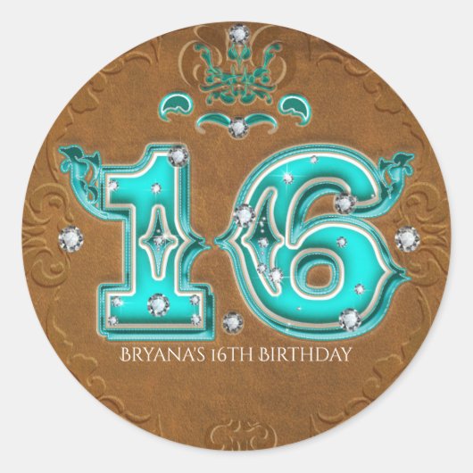 Western Rustic Bruine Nep Leer Nummer 16 Ronde Sticker (Voorkant)