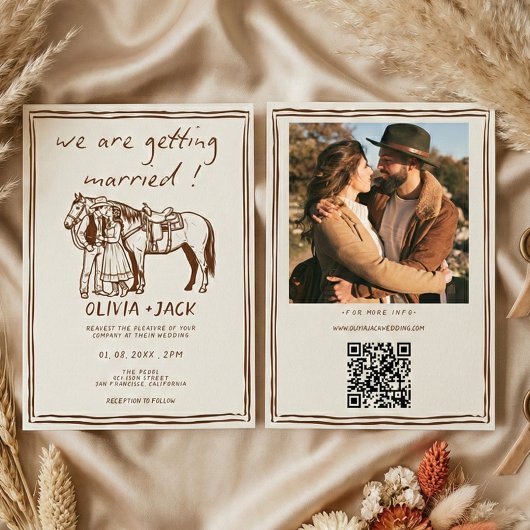Western Rustic Hand Drawn Photo QR Code Wedding Kaart