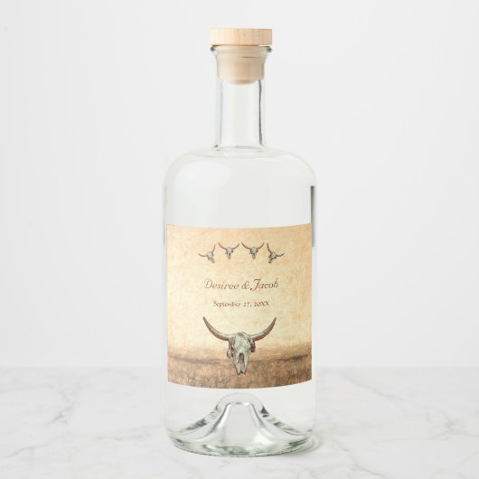 Western Rustic Wedding Country Koe Bull Skull Likeurfles Etiket (Voorkant)