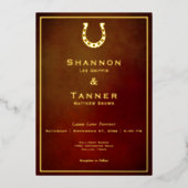 Western Rustiek Hoefijzer Bourgogne & Gouden Bruil Folie Uitnodiging (Voorkant)