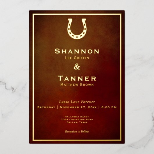 Western Rustiek Hoefijzer Bourgogne & Gouden Bruil Folie Uitnodiging (Voorkant)