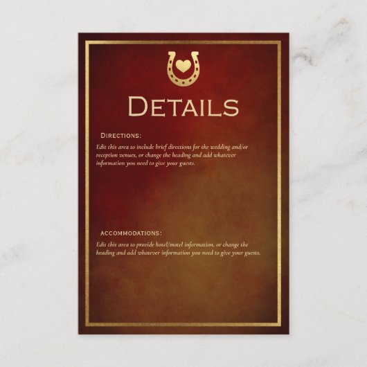 Western rustiek Hoefijzer Bourgondië & Goud Detail Informatiekaartje (Voorkant)