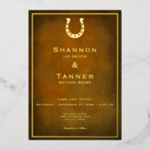 Western Rustiek Hoefijzer Bruin & Gouden Bruiloft Folie Uitnodiging (Voorkant)