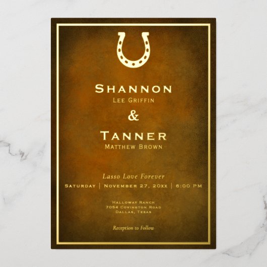 Western Rustiek Hoefijzer Bruin & Gouden Bruiloft Folie Uitnodiging (Voorkant)