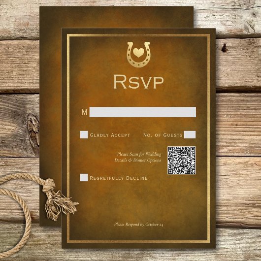 Western Rustiek Hoefijzer Bruin & Gouden QR Code RSVP Kaartje