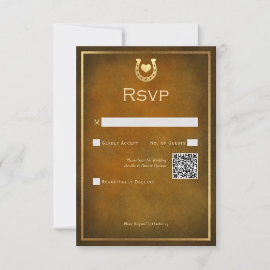 Western Rustiek Hoefijzer Bruin & Gouden QR Code RSVP Kaartje (Voorkant)